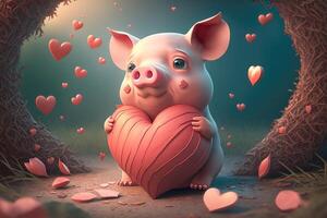 ai gegenereerd 3d big liefde concept. schattig roze varken met een warm hart. foto