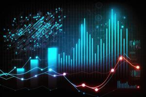 ai gegenereerd bedrijf economisch grafieken met licht Effecten, groei en vallen analyses. gloed in de donker blauw achtergrond. foto