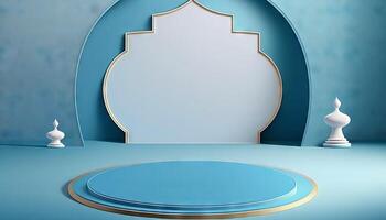 blauw zacht pastel podium Islamitisch achtergrond. Ramadhan ornament Aan blauw zacht tapijt achtergrond. generatief ai foto