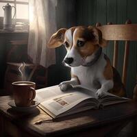 een hond een boek en een kop van koffie , ai generatief foto
