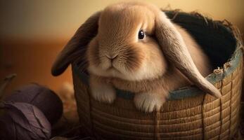 een aanbiddelijk konijn in een Pasen mand, ai generatief foto