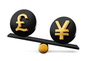 3d gouden pond en yen symbool Aan afgeronde zwart pictogrammen met 3d balans gewicht wip, 3d illustratie foto