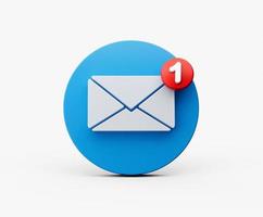 wit envelop en de brief 1 Aan rood cirkel. mail icoon Aan een wit achtergrond. 3d illustratie foto