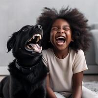 foto van een schattig weinig meisje lachend terwijl spelen met haar hond. ai gegenereerd. wereld gelach dag