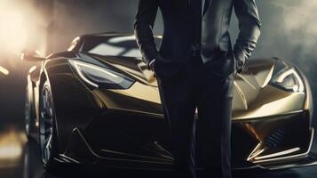 een detailopname van een rijk zakenman staand in voorkant van een luxueus supercar. generatief ai foto