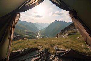 verbazingwekkend visie van binnen tent naar berg landschap. camping gedurende wandeltocht in bergen, buitenshuis activiteiten. gemaakt met generatief ai foto