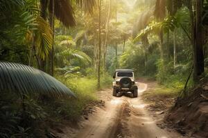 vier wiel rit suv is het rijden Aan modderig weg in oerwoud. jeep Aan safari. gemaakt met generatief ai foto