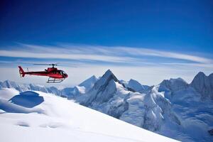 zoeken en redden operatie in bergen. medisch redden helikopter landen in besneeuwd bergen. gemaakt met generatief ai foto