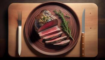 groot stuk van medium-zeldzaam rundvlees steak, ai generatief foto