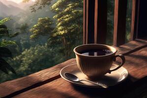 ai gegenereerd kop van zwart koffie geplaatst Aan de tafel Aan de balkon met uitzicht voorkant de berg. foto