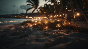 tropisch strand met palm bomen en zand duinen Bij zonsondergang, blauw zee foto