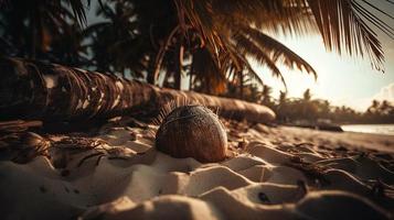 tropisch strand met palm bomen en zand duinen Bij zonsondergang, blauw zee foto