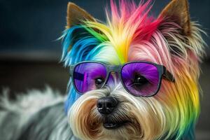 koel en kleurrijk hond met zonnebril. regenboog kleuren. diversiteit, tolerantie, inclusie concept. verschillend en uniek naar zijn. modieus hondje. generatief ai. foto