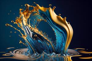 mooi abstract achtergrond. vloeistof, spatten. water en goud. generatief ai. foto