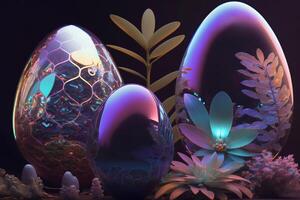 holografische Pasen eieren en planten. levendig, iriserend kleuren. gelukkig Pasen dag. modieus ontwerp. generatief ai. foto