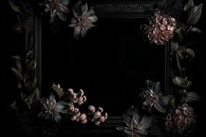 mooi zwart achtergrond met bloemen en kopiëren ruimte. leeg ruimte voor tekst. kader, donker achtergrond. generatief ai. foto