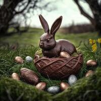 chocola mand met chocola Pasen konijn en eieren Aan groen gras, generatief ai. foto