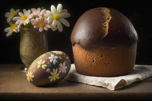 Pasen brood en een Pasen ei met een boeket van bloemen Aan een tafel Aan een zwart achtergrond, Pasen viering, generatief ai. foto