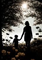 een silhouet van een moeder en kind Holding handen en wandelen in een park omringd door bloeiend bloemen - ai gegenereerd foto