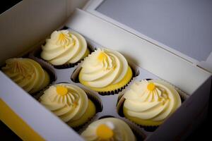 citroen cupcakes met wit room koekje verpakking levering. illustratie ai generatief foto