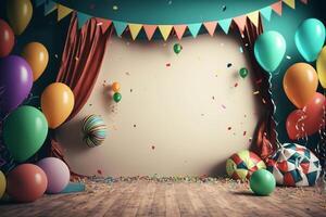 feestelijk partij met ballonnen, stadium en slingers. illustratie ai generatief foto