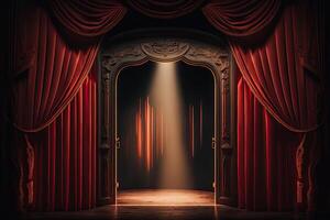 theater stadium rood gordijnen tonen schijnwerper. illustratie ai generatief foto