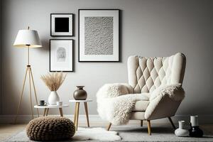 minimalistische samenstelling van elegant leven kamer ruimte. illustratie ai generatief foto