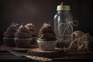 chocola cupcakes in een rustiek keuken. illustratie ai generatief foto