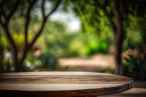 natuur achtergrond en tafel hout voor Product Scherm. illustratie ai generatief foto