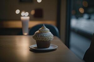 berijpt koekje Aan een cafe tafel. illustratie ai generatief foto