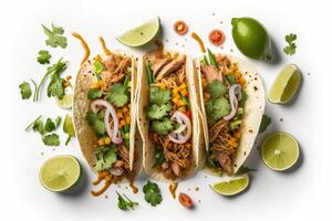 Mexicaans varkensvlees carnitas taco's. illustratie ai generatief foto