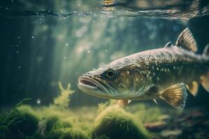 vissen. detailopname shut van een snoekbaars vis onder water. illustratie ai generatief foto