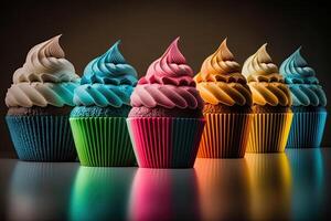 regenboog kleurrijk cupcakes. illustratie ai generatief foto