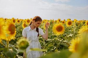vrouw met twee vlechten in een veld- met bloeiend zonnebloemen platteland foto