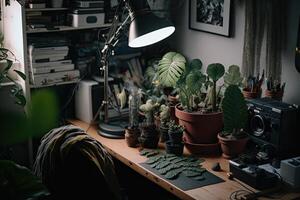 beatnik artiest werkruimte planten en canvas documentaire. illustratie ai generatief foto