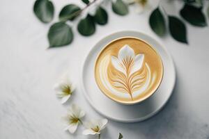 vlak wit koffie bloem latte kunst Aan wit tafel. illustratie ai generatief foto