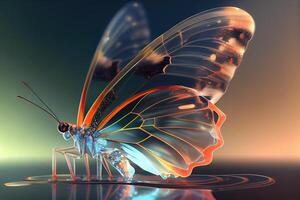 mooi kristal vlinder detailopname met zonnestralen. glas transparant magisch schepsel, glazig Vleugels generatief ai ontwerp foto