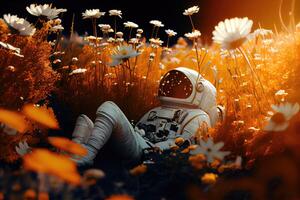 astronaut leugens in een veld- in natuur, kosmonaut is resting in bloemen, kilte generatief ai ontwerp foto