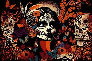 dia de los Muertos achtergrond dag van de dood kunst decoratie, botten schedel bloem ornament vakantie behang, generatief ai foto