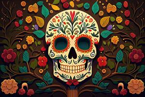 dia de los Muertos achtergrond dag van de dood kunst decoratie, botten schedel bloem ornament vakantie behang, generatief ai foto