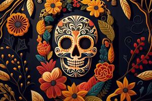 dia de los Muertos achtergrond dag van de dood kunst decoratie, botten schedel bloem ornament vakantie behang, generatief ai foto