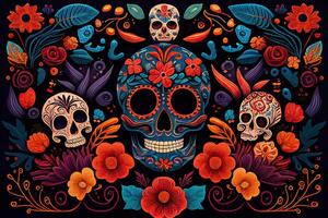 dia de los Muertos achtergrond dag van de dood kunst decoratie, botten schedel bloem ornament vakantie behang, generatief ai foto