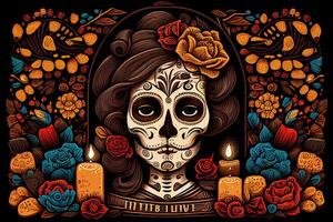 dia de los Muertos achtergrond dag van de dood kunst decoratie, botten schedel bloem ornament vakantie behang, generatief ai foto