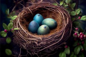 vogel nest met eieren Aan een boom. wacht voor nakomelingen. ai gegenereerd foto