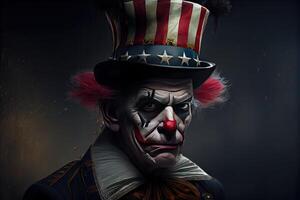 clown in Verenigde Staten van Amerika kostuum, Amerikaans vlag hoed, portret van clown Aan donker achtergrond generatief ai foto