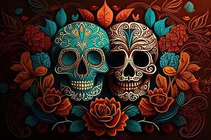 dia de los Muertos achtergrond dag van de dood kunst decoratie, botten schedel bloem ornament vakantie behang, generatief ai foto