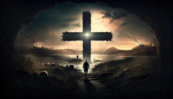 religie landschap achtergrond, christen kruis Aan natuur achtergrond, generatief ai foto