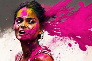 holi vakantie viering achtergrond met persoon portret in Purper roze verf Aan gezicht, generatief ai foto