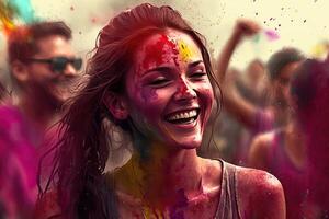 holi vakantie viering achtergrond met persoon portret in Purper roze verf Aan gezicht, generatief ai foto