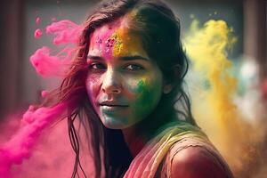 holi vakantie viering achtergrond met persoon portret in Purper roze verf Aan gezicht, generatief ai foto